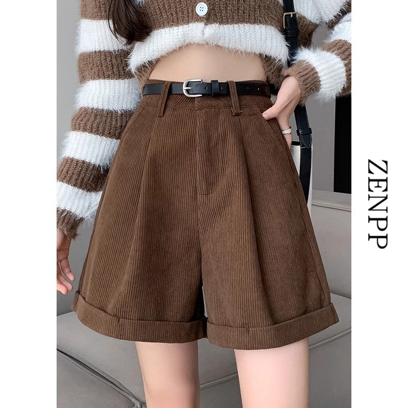 Women's High-Waist Corduroy A-Line Knee-Length Shorts