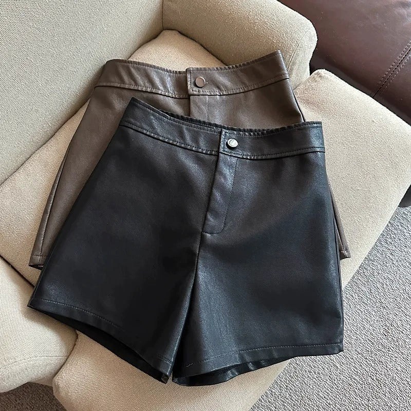 Women's High-Waist PU Leather A-Line Wide-Leg Shorts
