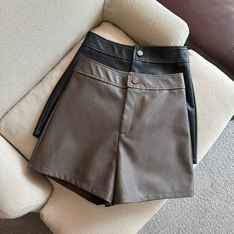 Women's High-Waist PU Leather A-Line Wide-Leg Shorts