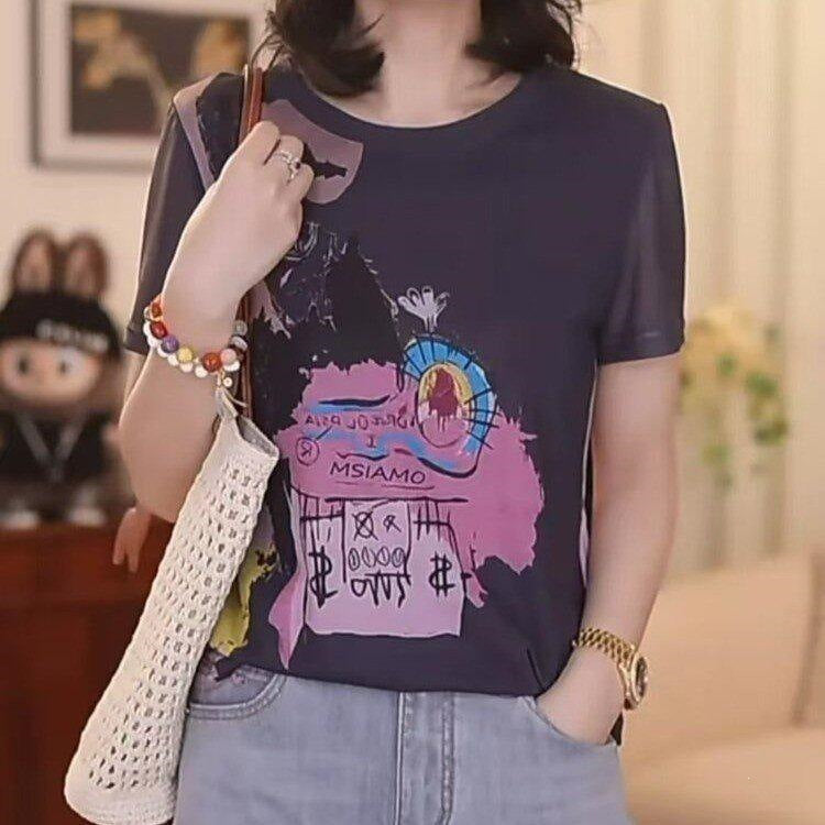 Women's Gray Cartoon Print Loose Fit Short Sleeve T-Shirt