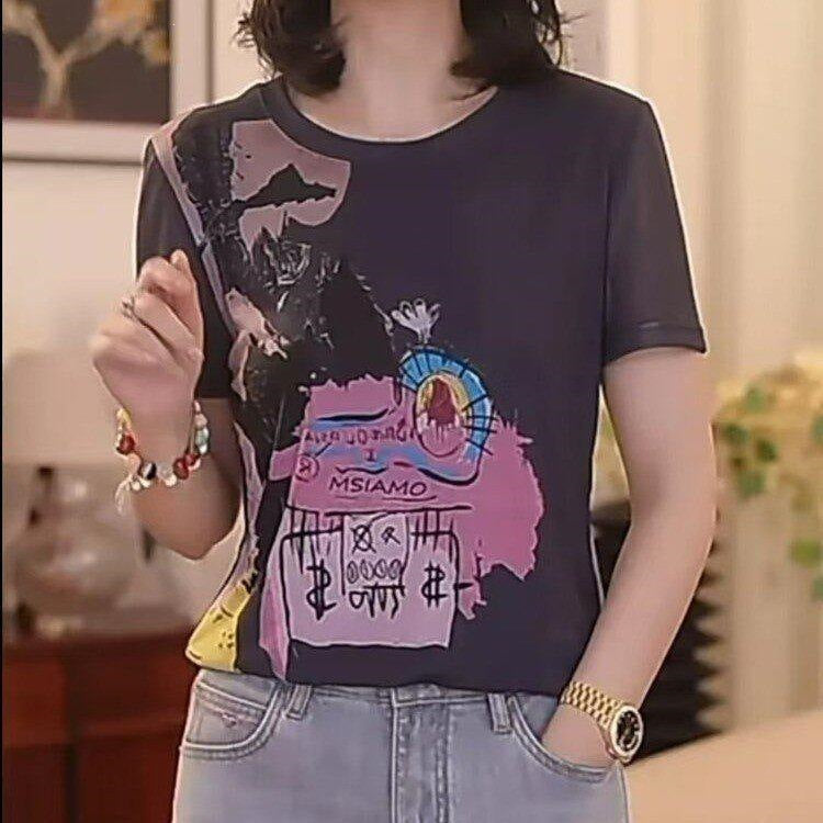 Women's Gray Cartoon Print Loose Fit Short Sleeve T-Shirt