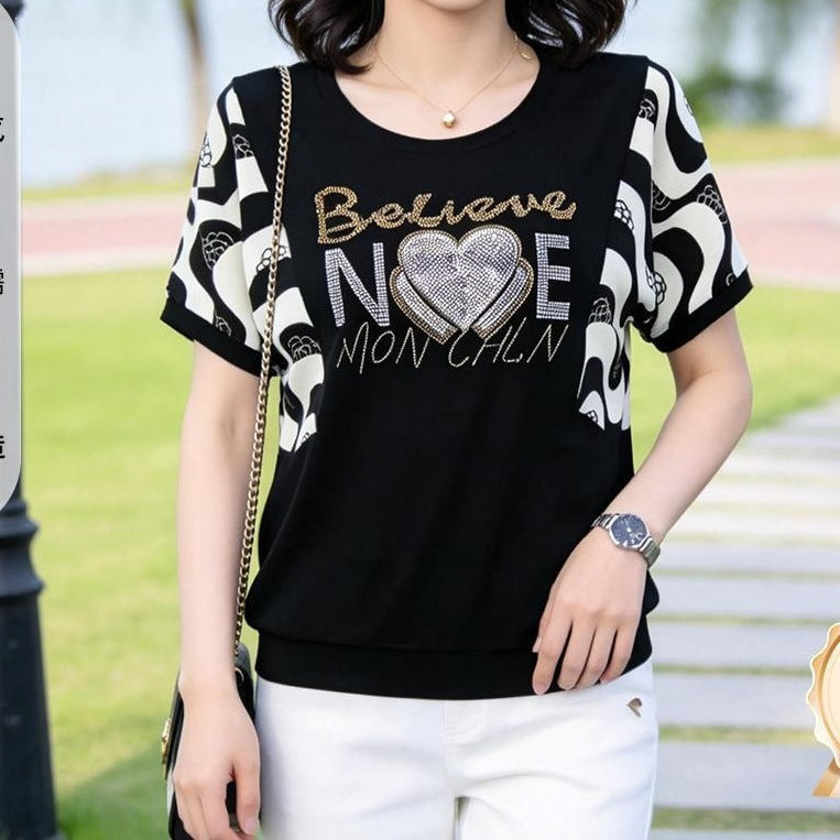 Women's Rhinestone Short Sleeve Loose Fit T-Shirt