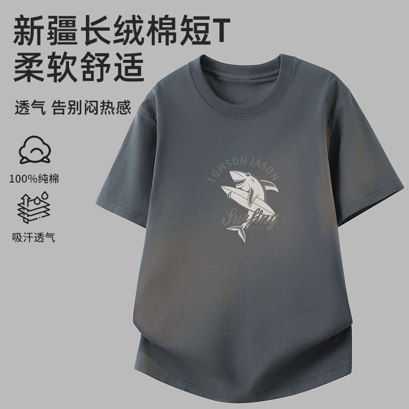 Men's Pure Cotton Shark Print Crew Neck Loose Short Sleeve