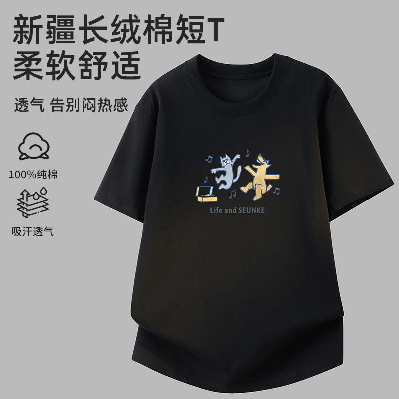 Men's Pure Cotton Cartoon Print Loose Crew Neck Black T-Shirt