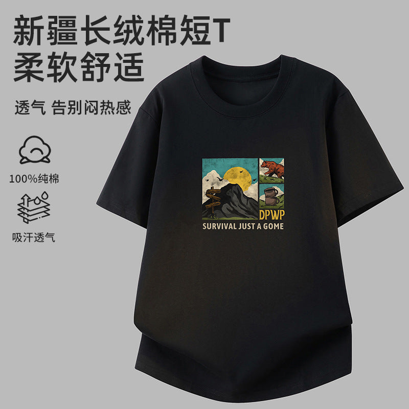 Men's Pure Cotton Fun Print Black Crew Neck Short Sleeve T-Shirt