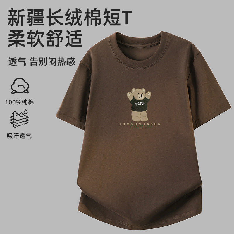 Men's Pure Cotton Bear Print Loose Crew Neck Short Sleeve T-Shirt
