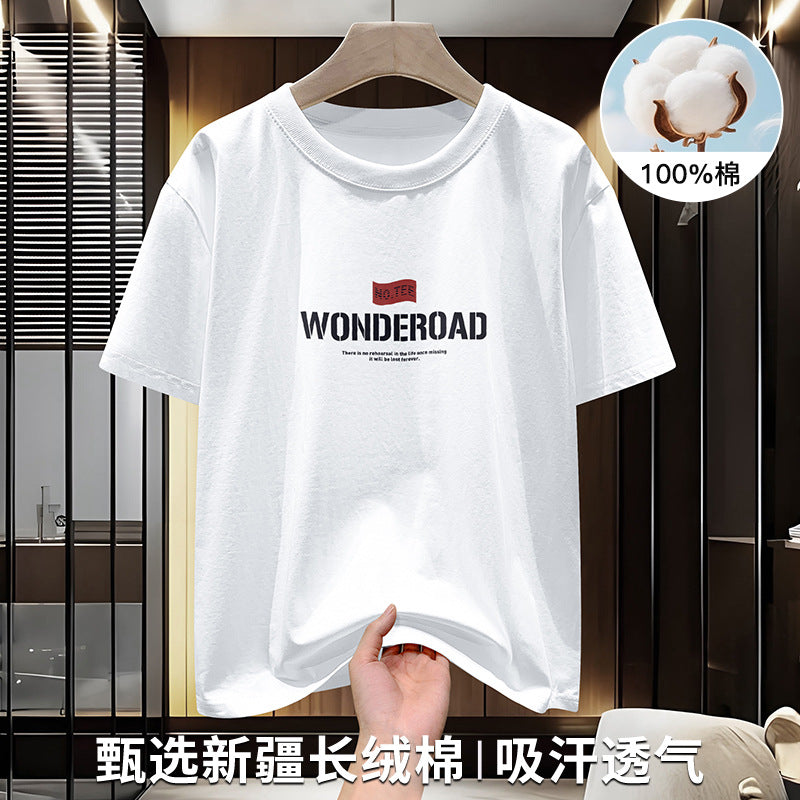 Men's Pure Cotton Letter Print Crew Neck White Short Sleeve