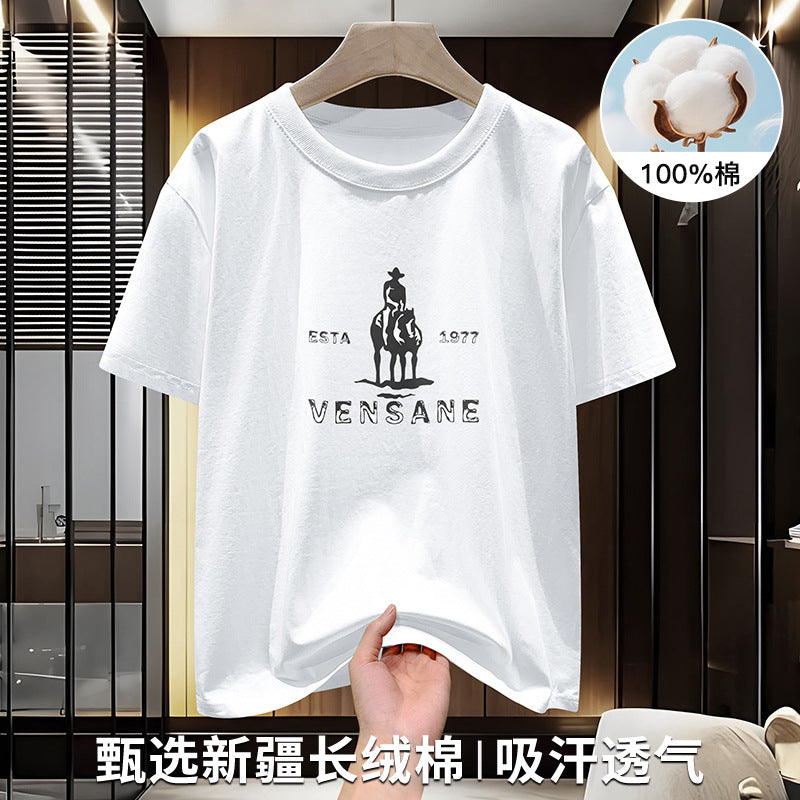 Men's Pure Cotton Western Print Crew Neck White Short Sleeve
