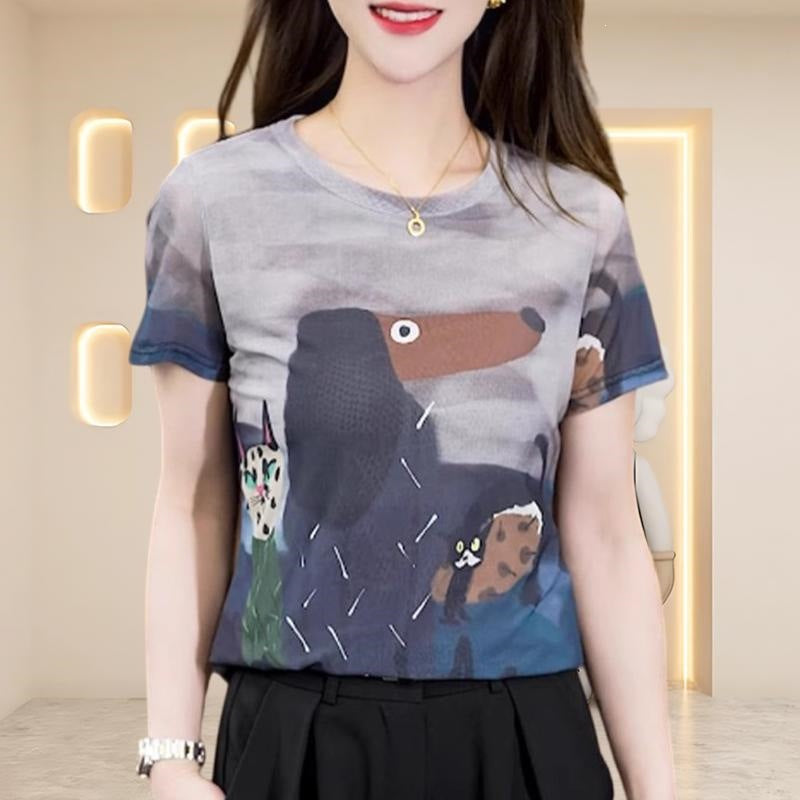 Women's Mesh Printed Slim Fit Short Sleeve T-Shirt