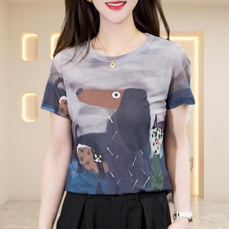 Women's Mesh Printed Slim Fit Short Sleeve T-Shirt