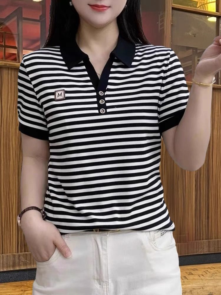 Women's Striped Polo Collar Loose Fit T-Shirt