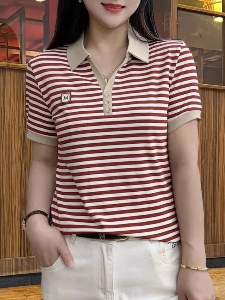 Women's Striped Polo Collar Loose Fit T-Shirt