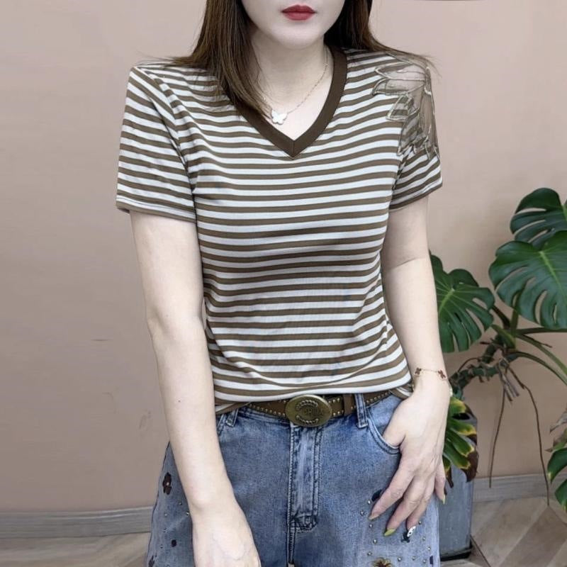 Women's Cotton V-Neck Striped Short Sleeve T-Shirt