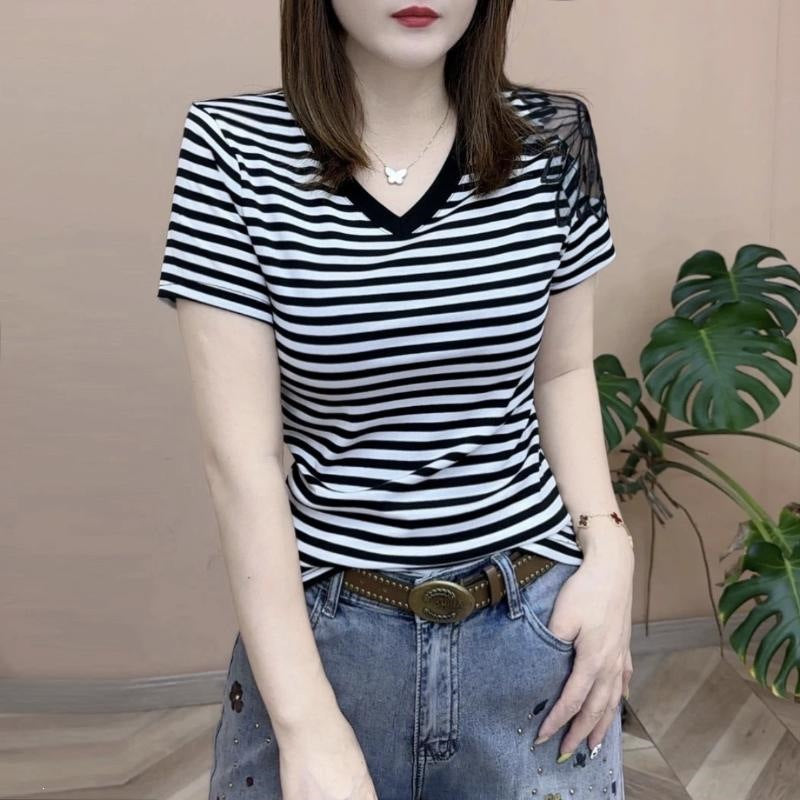 Women's Cotton V-Neck Striped Short Sleeve T-Shirt