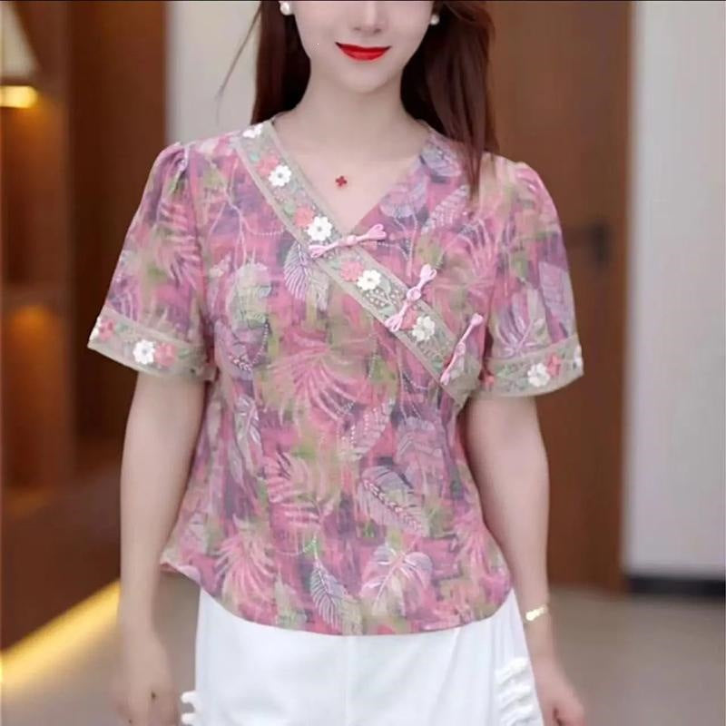 Women's Retro Printed V-Neck Buttoned Short Sleeve Top