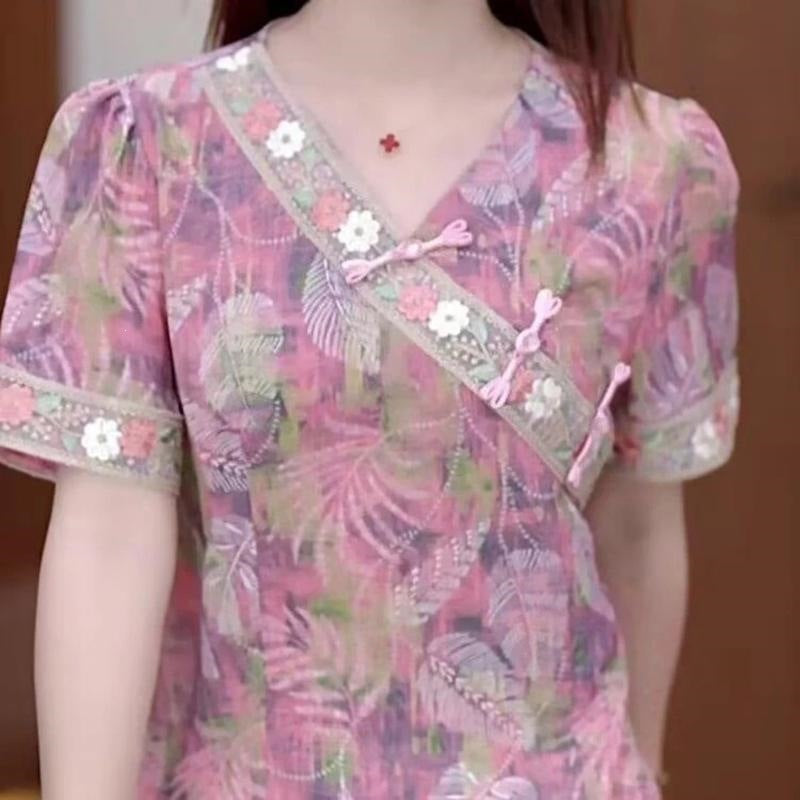 Women's Retro Printed V-Neck Buttoned Short Sleeve Top