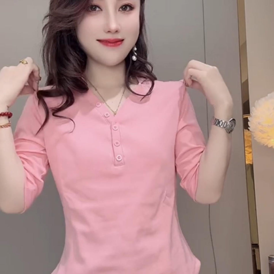 Women's V-Neck Buttoned Slim Fit Casual T-Shirt