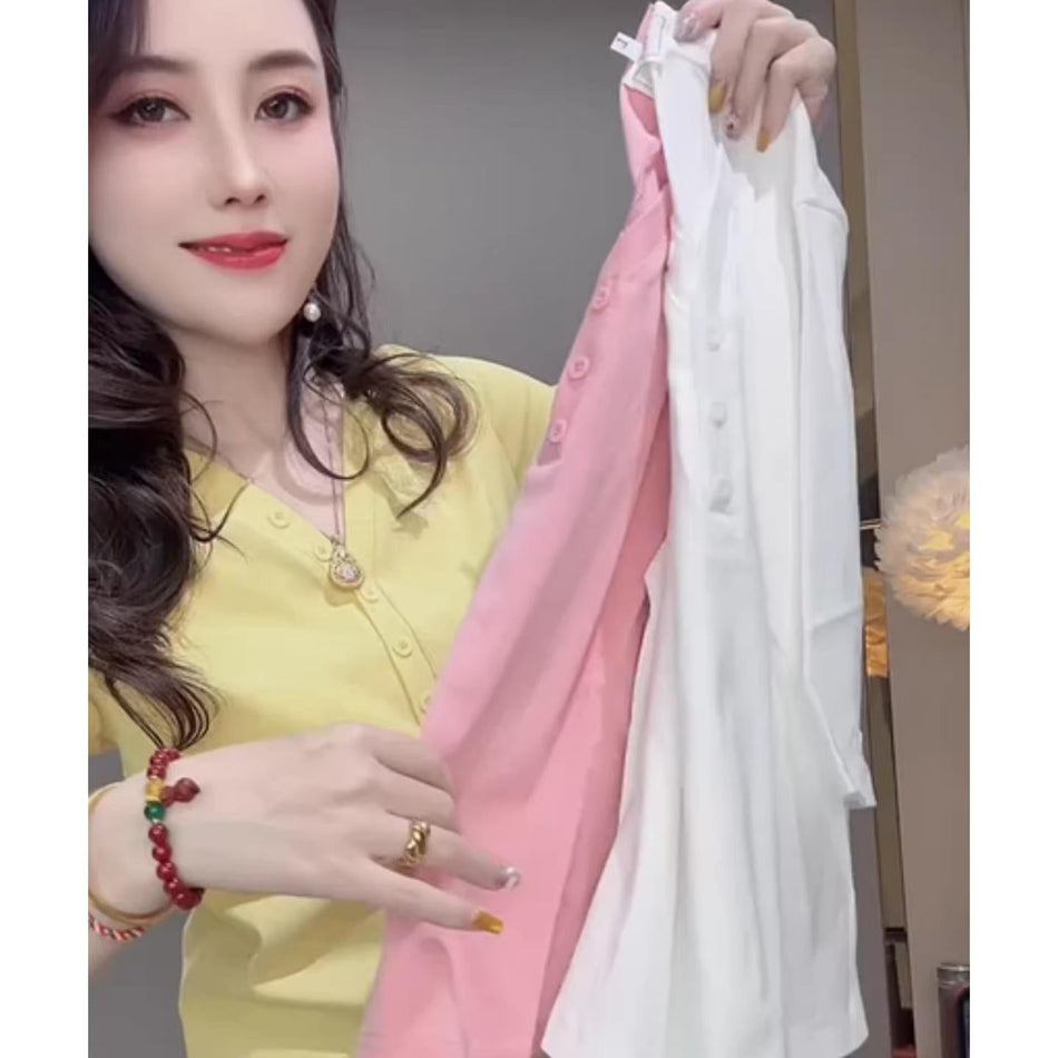 Women's V-Neck Buttoned Slim Fit Casual T-Shirt