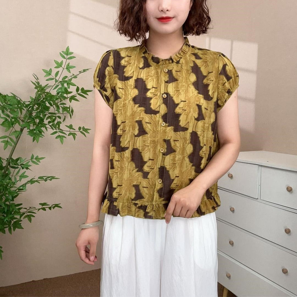 Women's Printed Ruffled Round Neck Short Sleeve Top