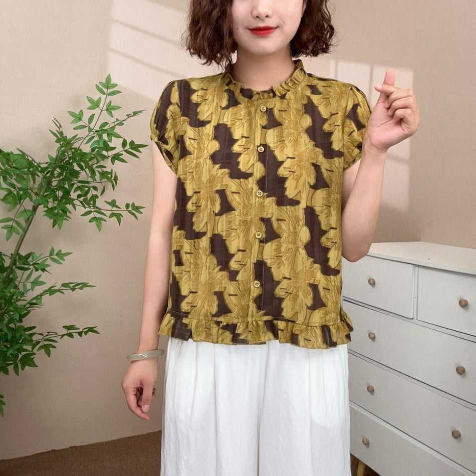 Women's Printed Ruffled Round Neck Short Sleeve Top