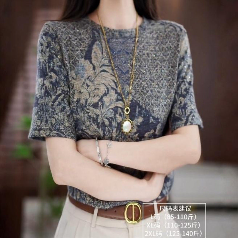 Women's Vintage Print Sequin Short Sleeve T-Shirt