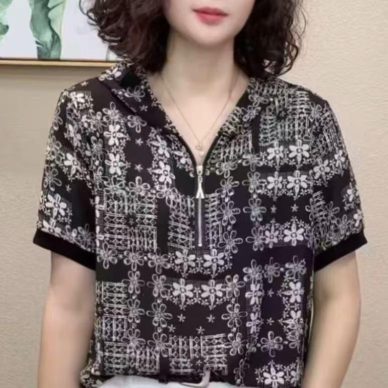 Women's Floral Half-Zip Hooded Short Sleeve T-Shirt