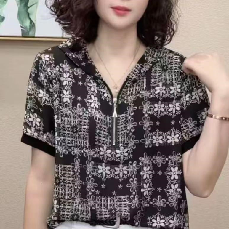 Women's Floral Half-Zip Hooded Short Sleeve T-Shirt