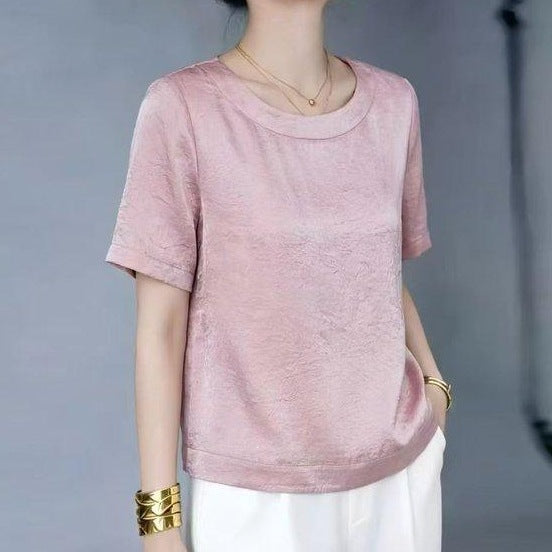 Women's Acetate Round Neck Draped Short Sleeve Blouse