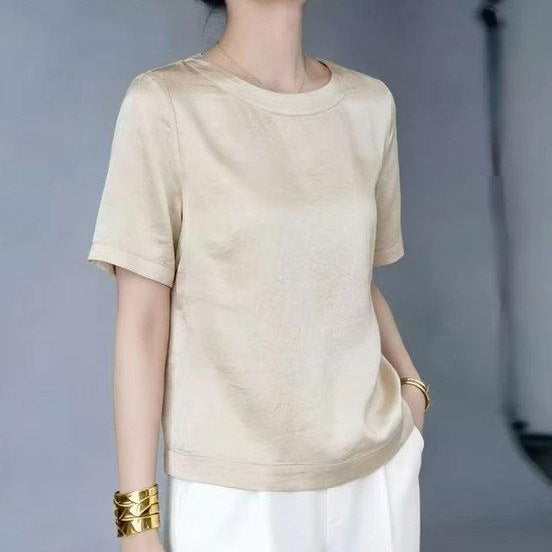 Women's Acetate Round Neck Draped Short Sleeve Blouse