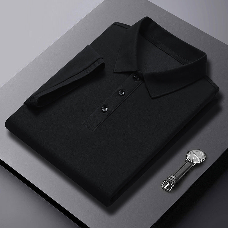 Men's Ice Silk Solid Black Polo Shirt Lapel Collar T-Shirt