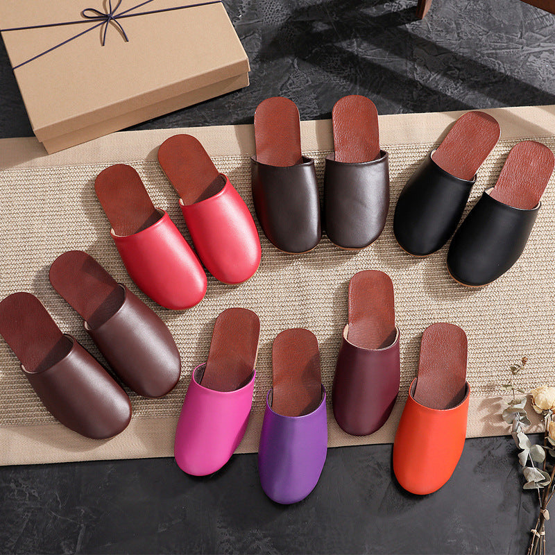 Closed-Toe Leather Indoor Couple Home Slippers with Soft Sole