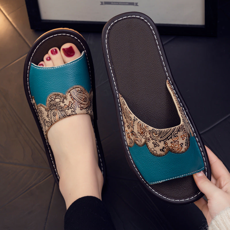Retro Genuine Leather Embroidered Indoor Home Slippers