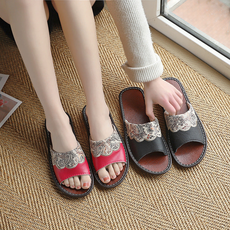 Printed Genuine Leather Non-Slip Indoor Home Slippers