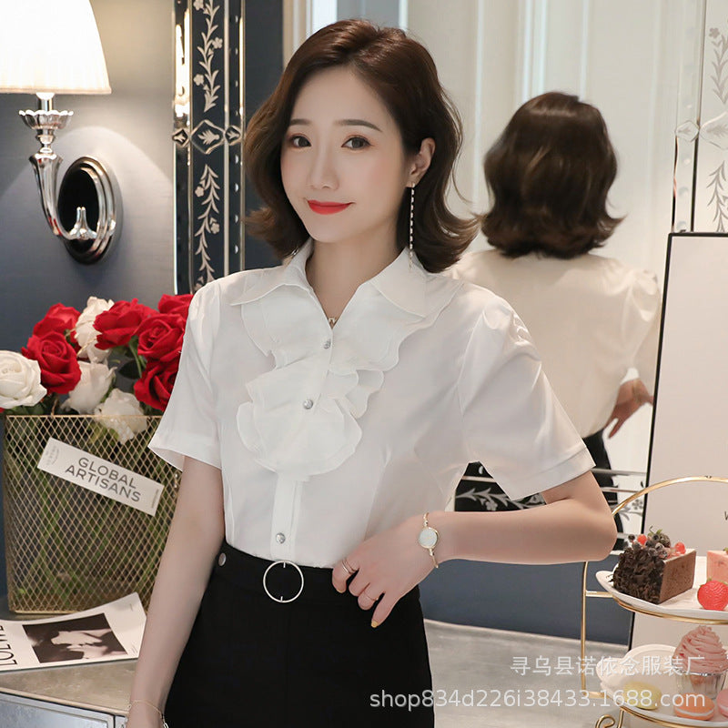 Korean Style Ruffle Lace White Short Sleeve Women's Shirt