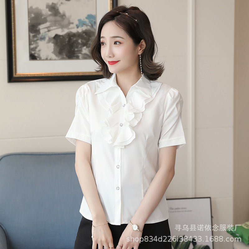 Korean Style Ruffle Lace White Short Sleeve Women's Shirt