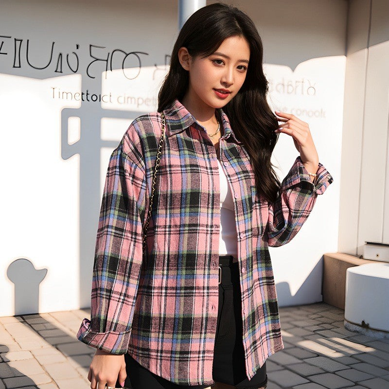 Women's Retro Plaid Long Sleeve Loose Casual Shirt
