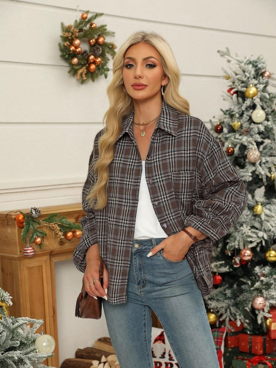 Retro Plaid Lapel Shirt Jacket for Women Casual Loose Fit