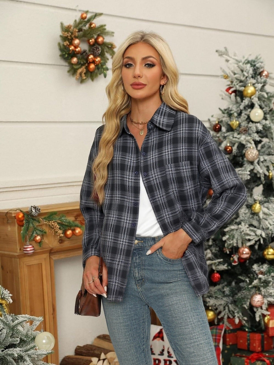 Retro Plaid Lapel Shirt Jacket for Women Casual Loose Fit