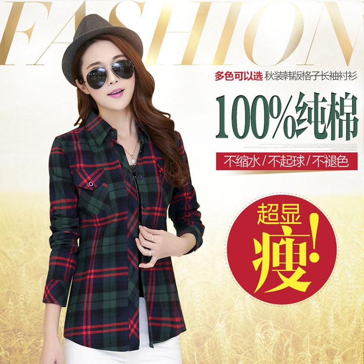 Women's Red Plaid Cotton Long Sleeve Korean Style Shirt
