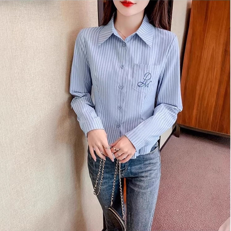 Women's Embroidered Blue Striped Slim Fit Long Sleeve Shirt