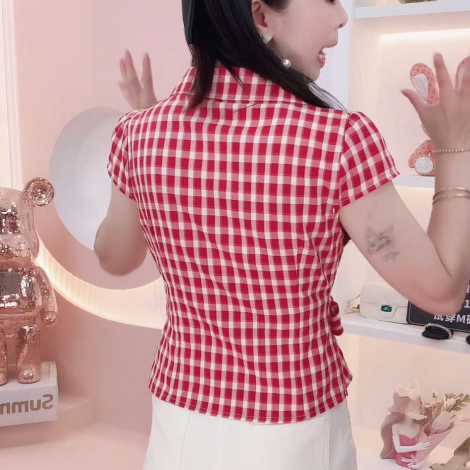 Women's Lace-Up Plaid Short Sleeve Slim Fit Shirt