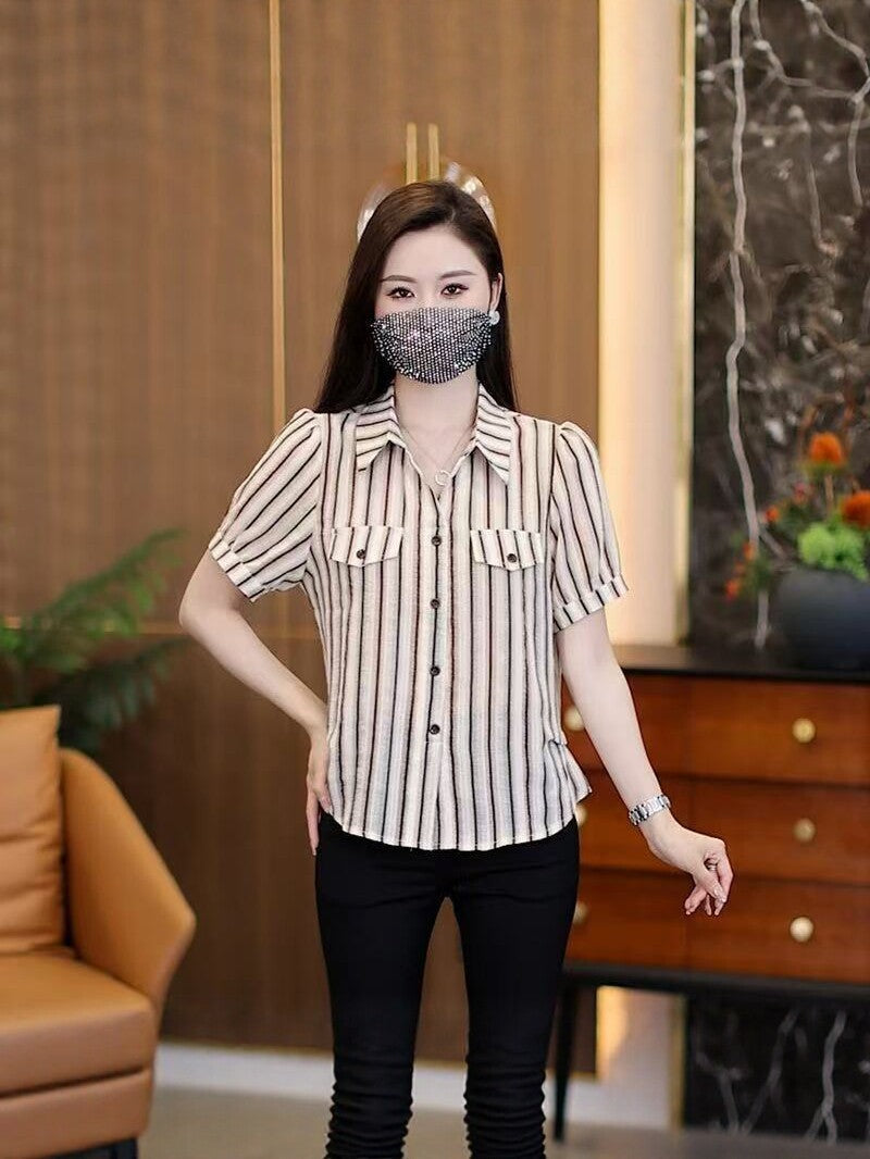 Women's Striped Short Sleeve Slim Fit Elegant Shirt