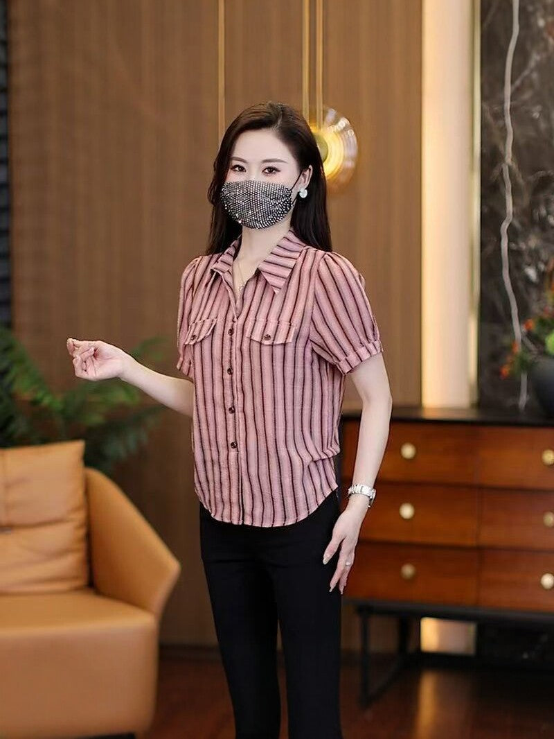 Women's Striped Short Sleeve Slim Fit Elegant Shirt