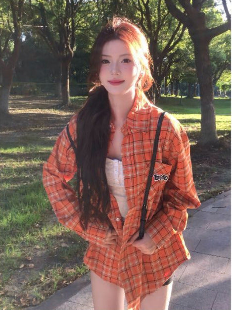 French Style Embroidered Plaid Shirt for Women with Lapel Collar