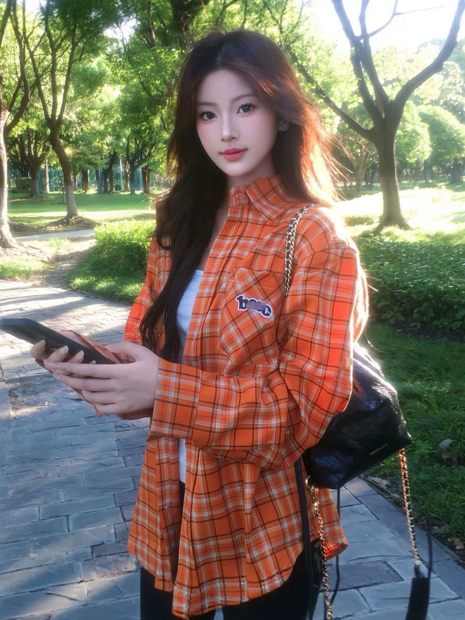 French Style Embroidered Plaid Shirt for Women with Lapel Collar
