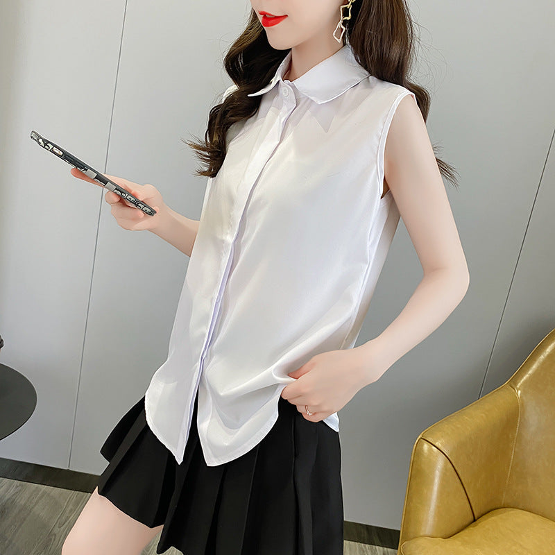Women's Sleeveless White Vest Shirt with Layered Fake Collar
