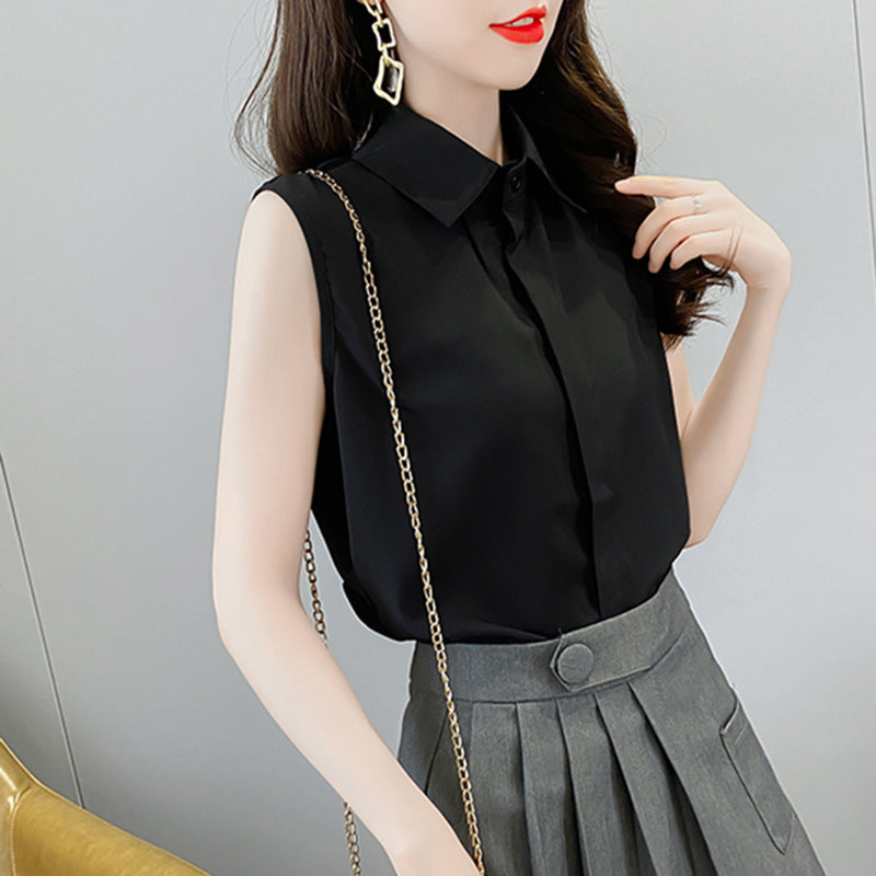 Women's Sleeveless White Vest Shirt with Layered Fake Collar