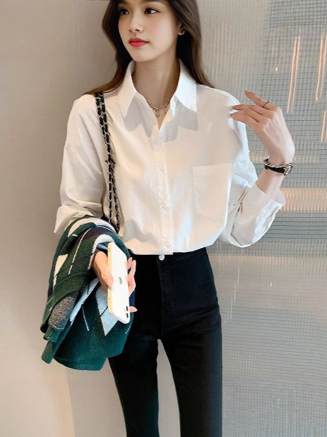 Women's White Long Sleeve Shirt with French Style Layered Design