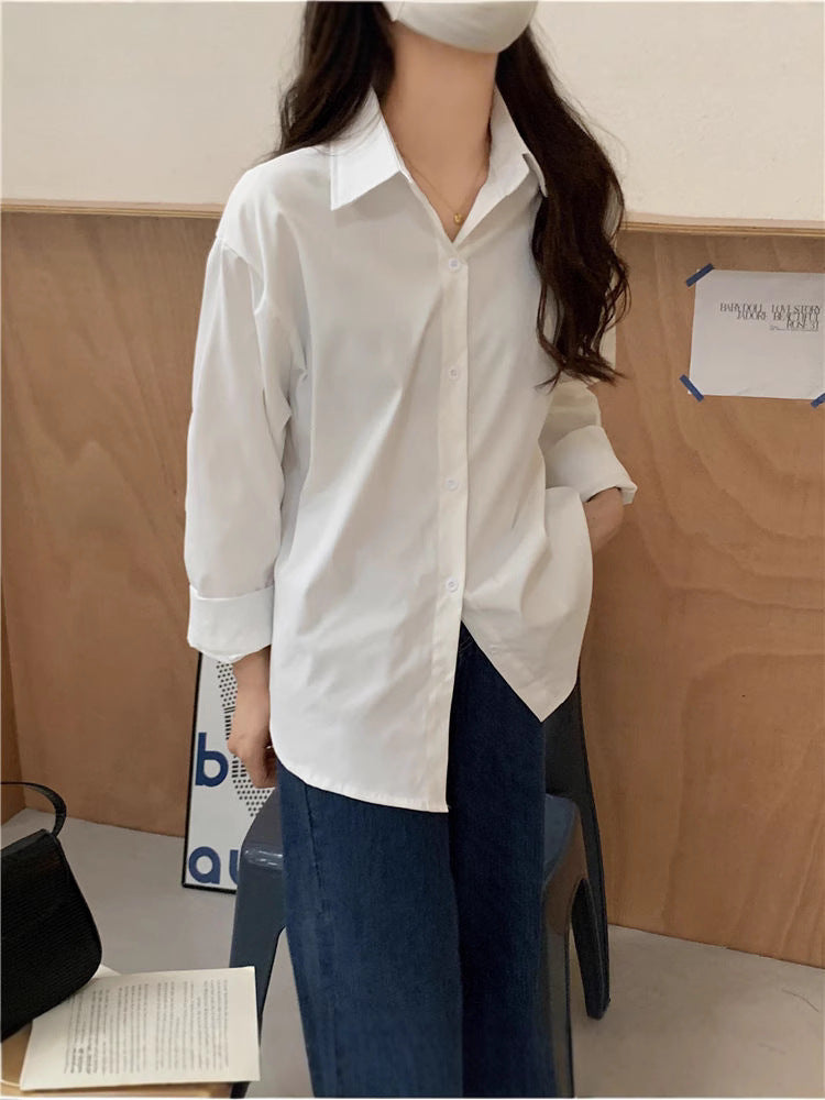 Women's Casual White Long Sleeve Shirt Jacket Loose Fit