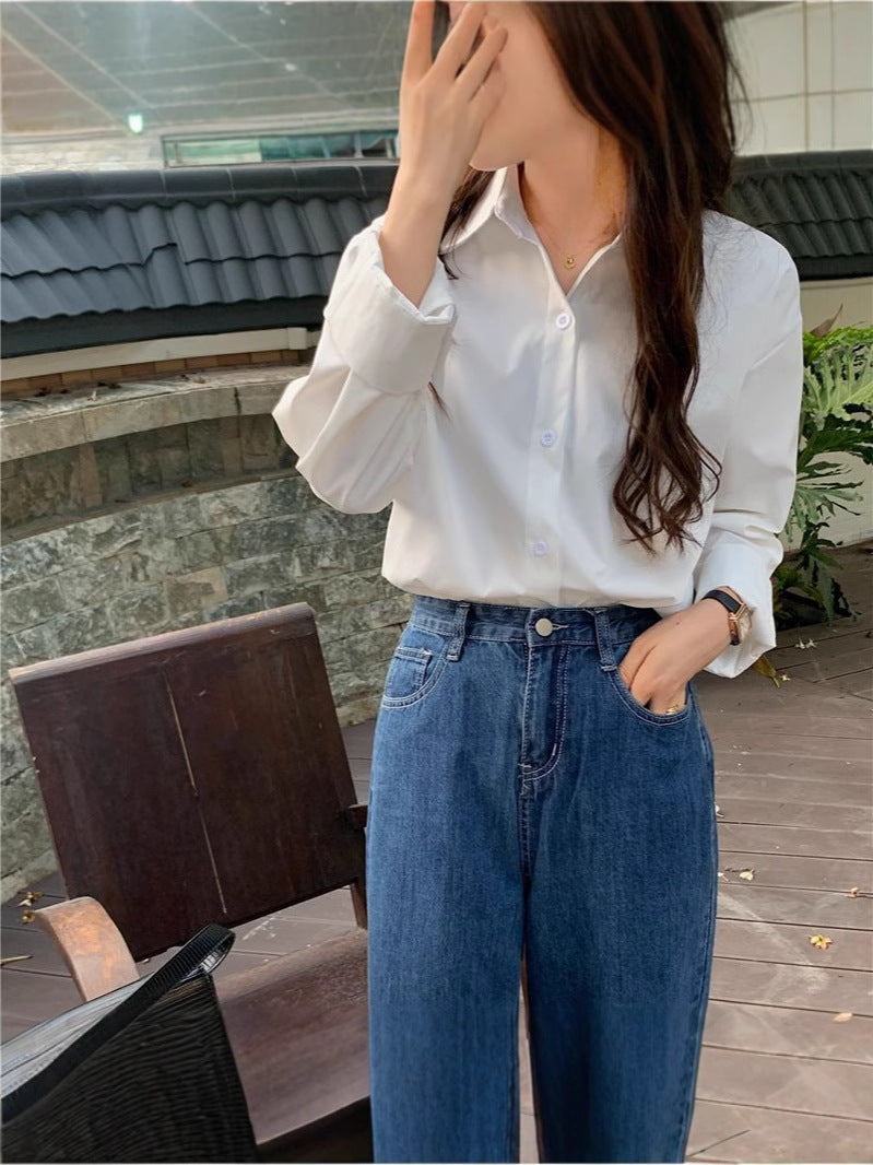 Women's Casual White Long Sleeve Shirt Jacket Loose Fit